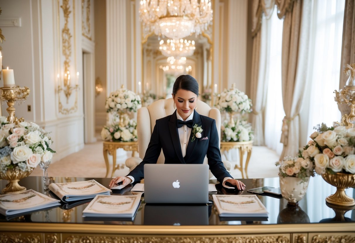 A luxury wedding planner sits at a grand desk, surrounded by opulent decor and elegant wedding magazines. A laptop and a phone are at hand, as the planner meticulously organizes a lavish event