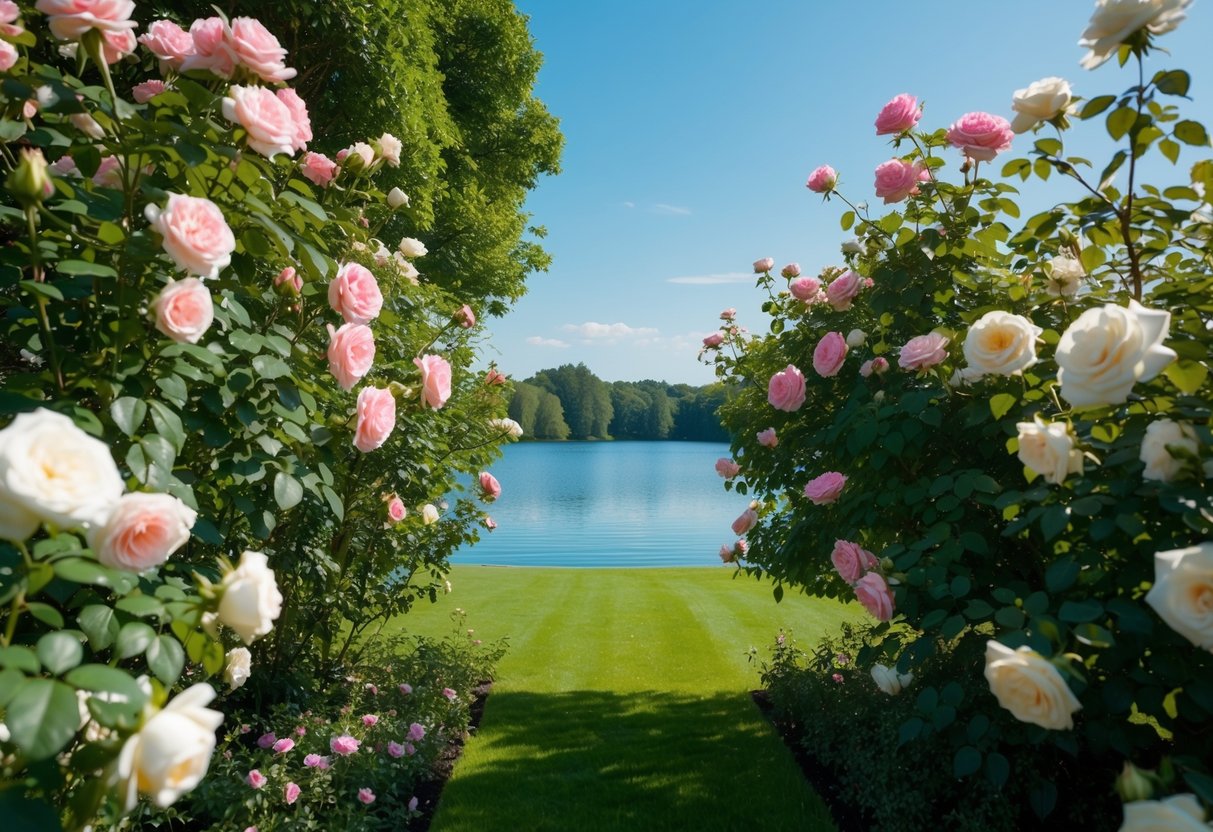 A lush garden filled with blooming pink and white roses, surrounded by a serene blue lake reflecting the clear sky above