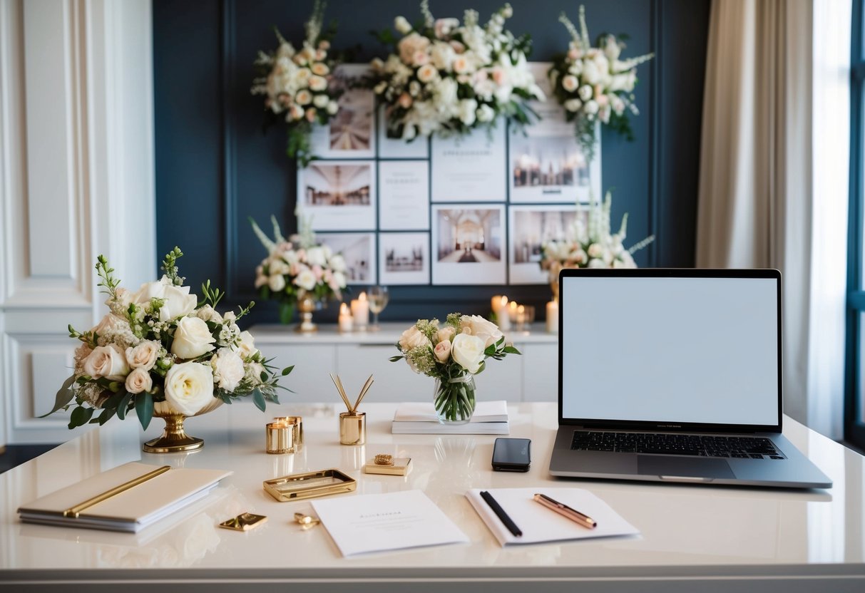 A luxury wedding planner's desk with elegant stationery, a sleek laptop, and a mood board adorned with opulent floral arrangements and glamorous venue options