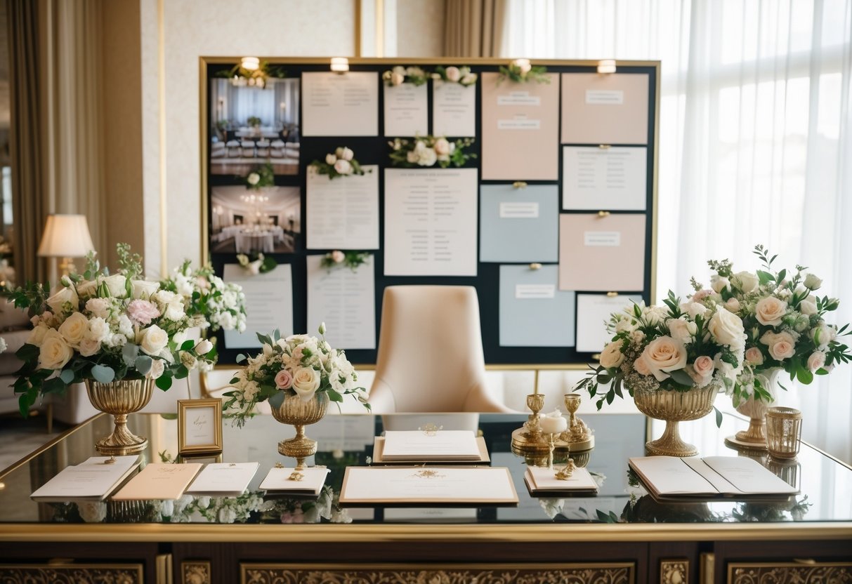 A luxurious wedding planner's desk with elegant stationery, floral arrangements, and a mood board filled with opulent decor and venue options