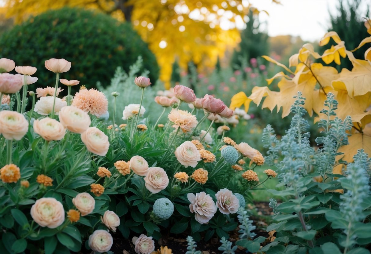 A lush garden with vibrant flowers in shades of blush, sage, and dusty blue, set against a backdrop of golden autumn leaves