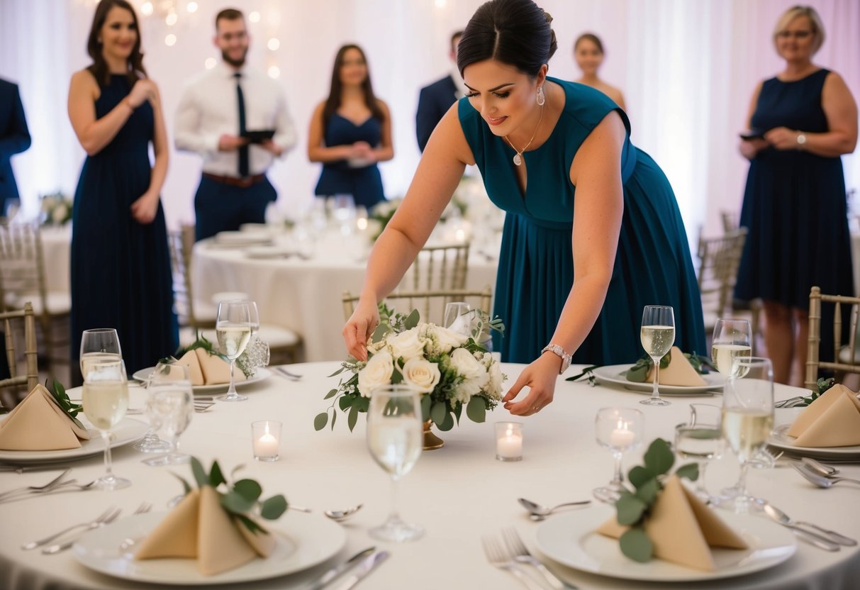 A wedding planner organizing seating arrangements for multiple couples' receptions