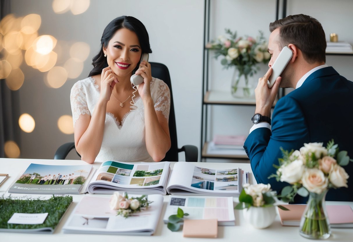 A wedding planner sitting at a desk surrounded by wedding magazines, fabric swatches, and floral samples, while speaking on the phone with a couple
