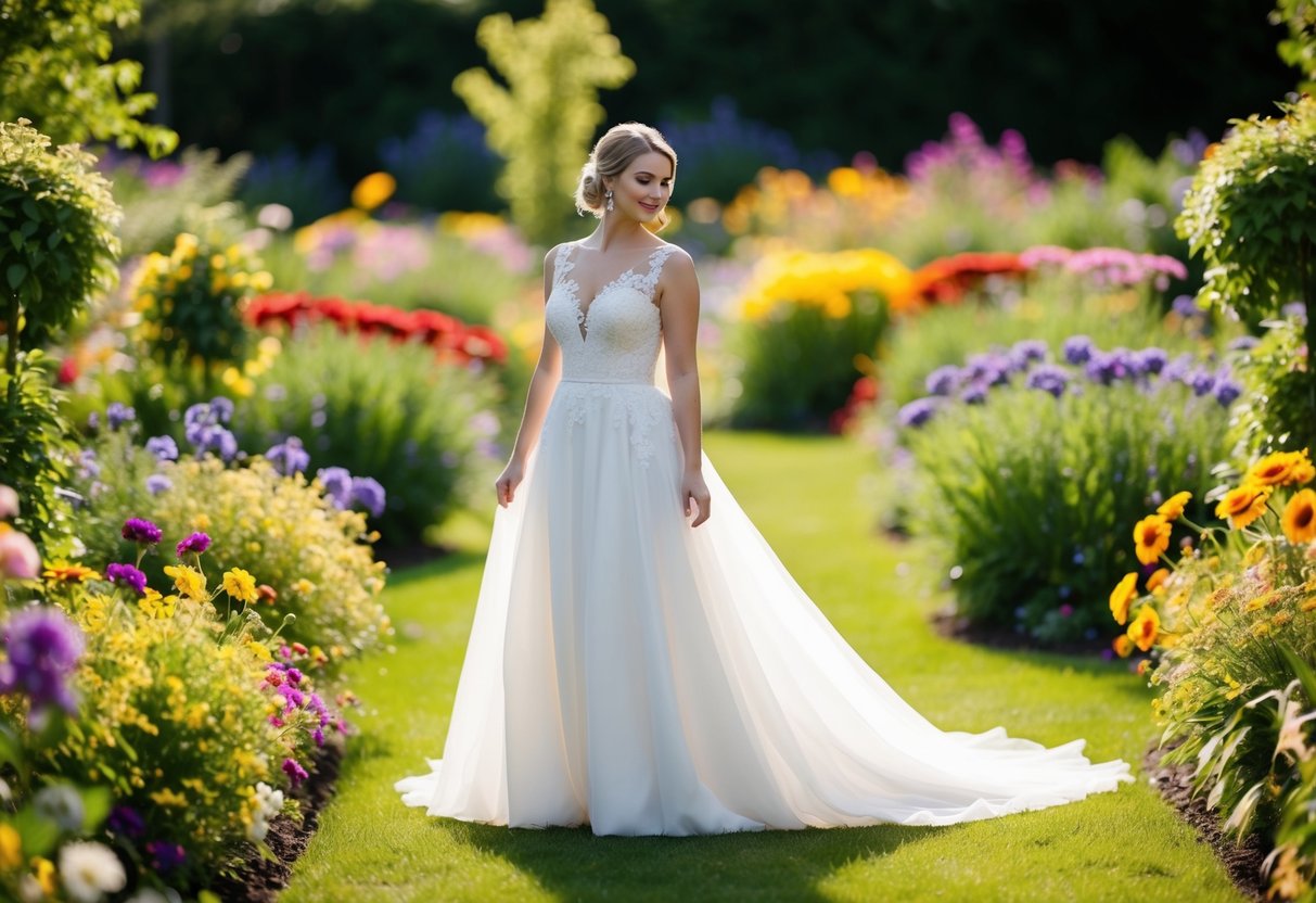 A bride standing in a garden surrounded by colorful flowers, wearing a flowing white wedding dress with delicate lace details