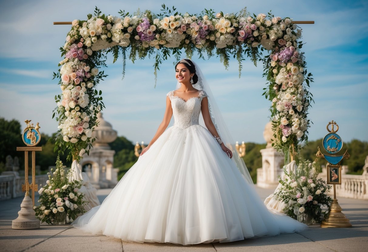 A bride in a traditional white gown stands beneath a floral arch, surrounded by historical and cultural symbols of marriage