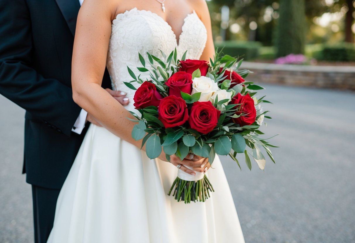 A white wedding dress with a bouquet of red roses and greenery. The groom wears a black tuxedo with a red tie