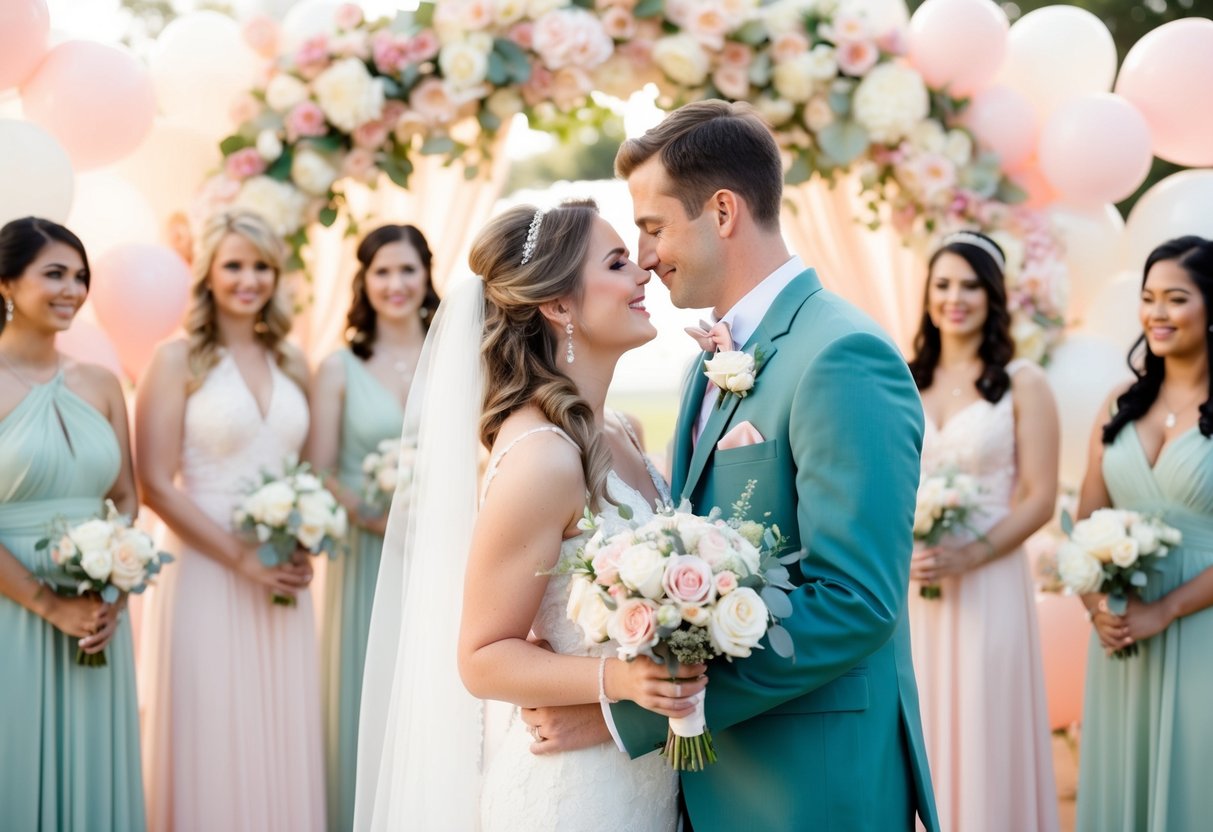 A classic wedding scene with soft pastel colors, featuring a bride and groom surrounded by blush pink, ivory, and sage green decor