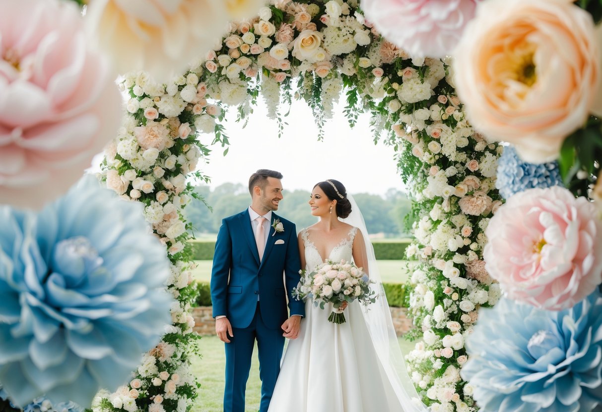 A bride and groom stand beneath a canopy of white flowers, surrounded by soft pastel hues of blush, champagne, and dusty blue