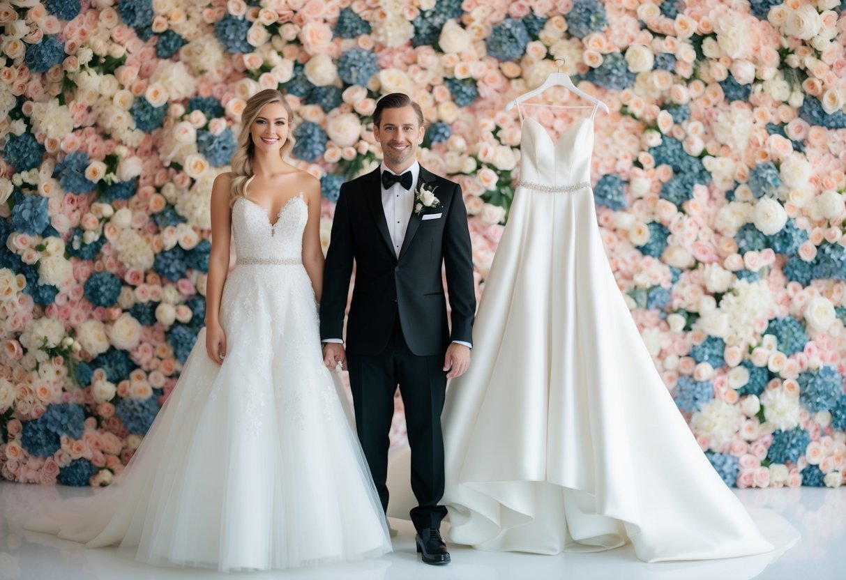 A white wedding dress and black tuxedo stand against a backdrop of soft pink and pale blue flowers