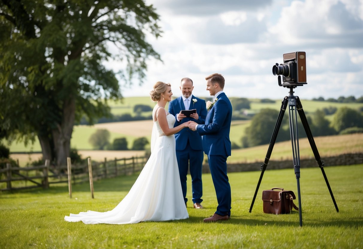 A wedding photographer in the UK capturing a couple exchanging vows in a picturesque countryside setting, with a vintage camera and tripod nearby