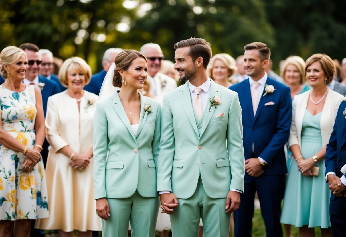 A couple stands side by side, both wearing matching attire in a soft, pastel color. They are surrounded by other wedding guests in a variety of different outfits