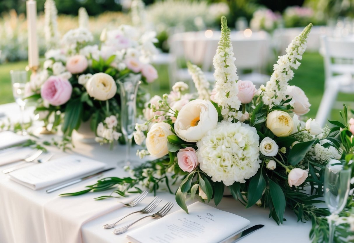 A serene garden wedding with a palette of soft pastels and white, featuring blooming flowers, lush greenery, and delicate decor