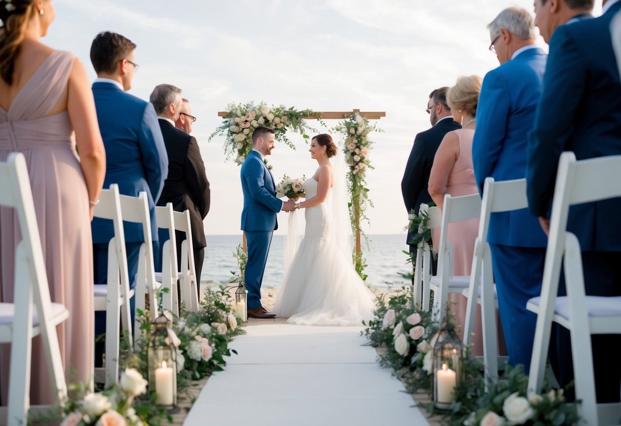 A serene wedding ceremony with a color palette limited to muted and pastel tones, avoiding bright or flashy colors