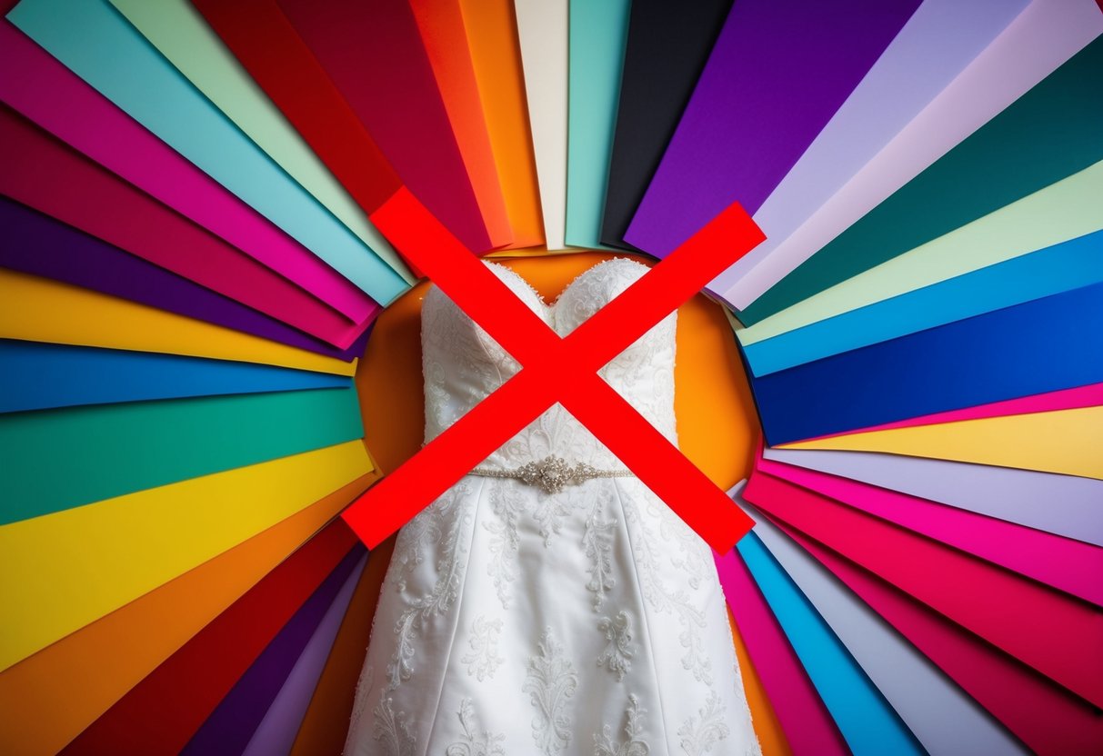 A wedding dress surrounded by a variety of vibrant and bold colors, with a big red X over colors that are off-limits