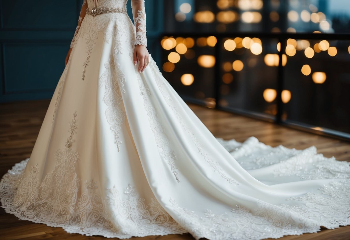 A wedding dress with intricate lace, flowing train, and sparkling embellishments