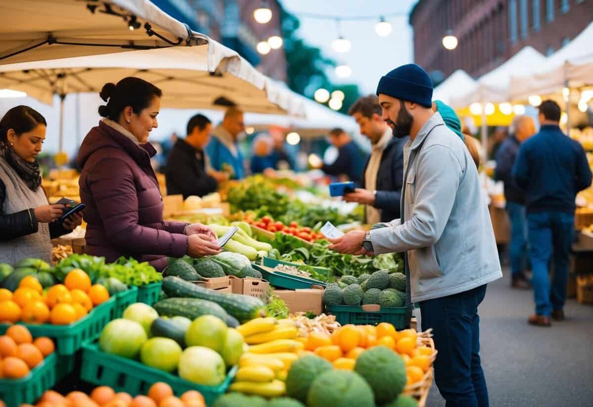 A bustling farmer's market with vendors selling fresh produce, handmade crafts, and baked goods. Customers browse and make purchases, exchanging money for goods