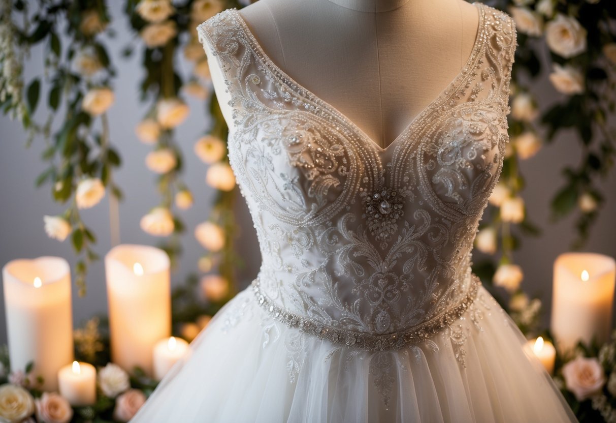 A wedding dress adorned with intricate lace and shimmering beadwork, set against a backdrop of cascading flowers and soft candlelight