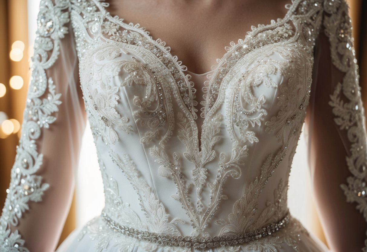 A wedding dress adorned with intricate lace, shimmering beads, and delicate embroidery catches the light, creating a dazzling display of detail