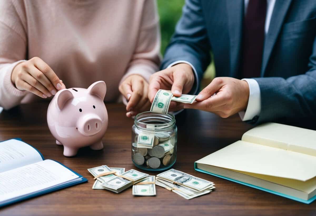A couple counting money from various sources, such as a piggy bank, jar, and envelope, with a wedding planning book open nearby