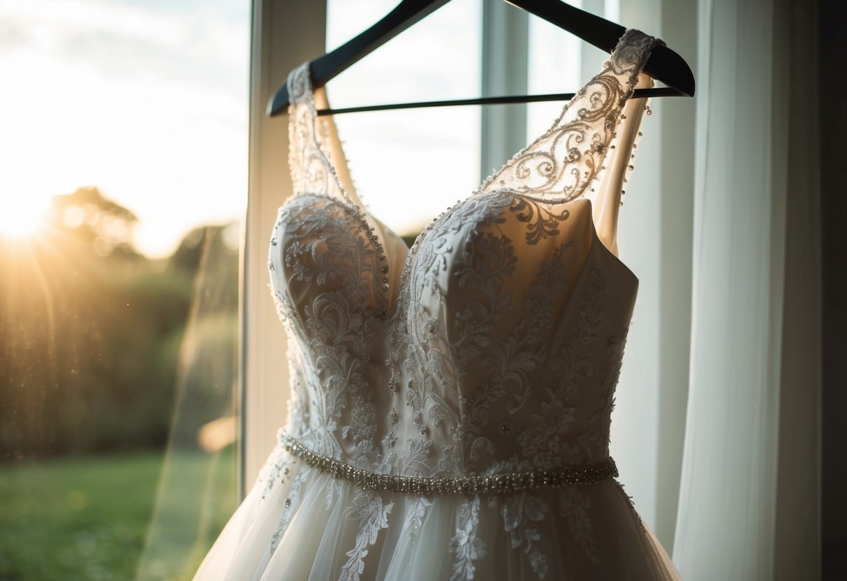 A wedding dress hanging on a mannequin, adorned with intricate lace and delicate beading, catching the soft glow of sunlight filtering through a window