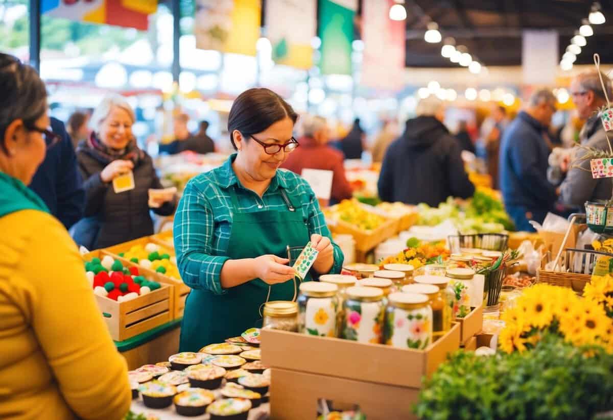 A person selling homemade crafts at a bustling farmers market, surrounded by colorful displays and eager customers