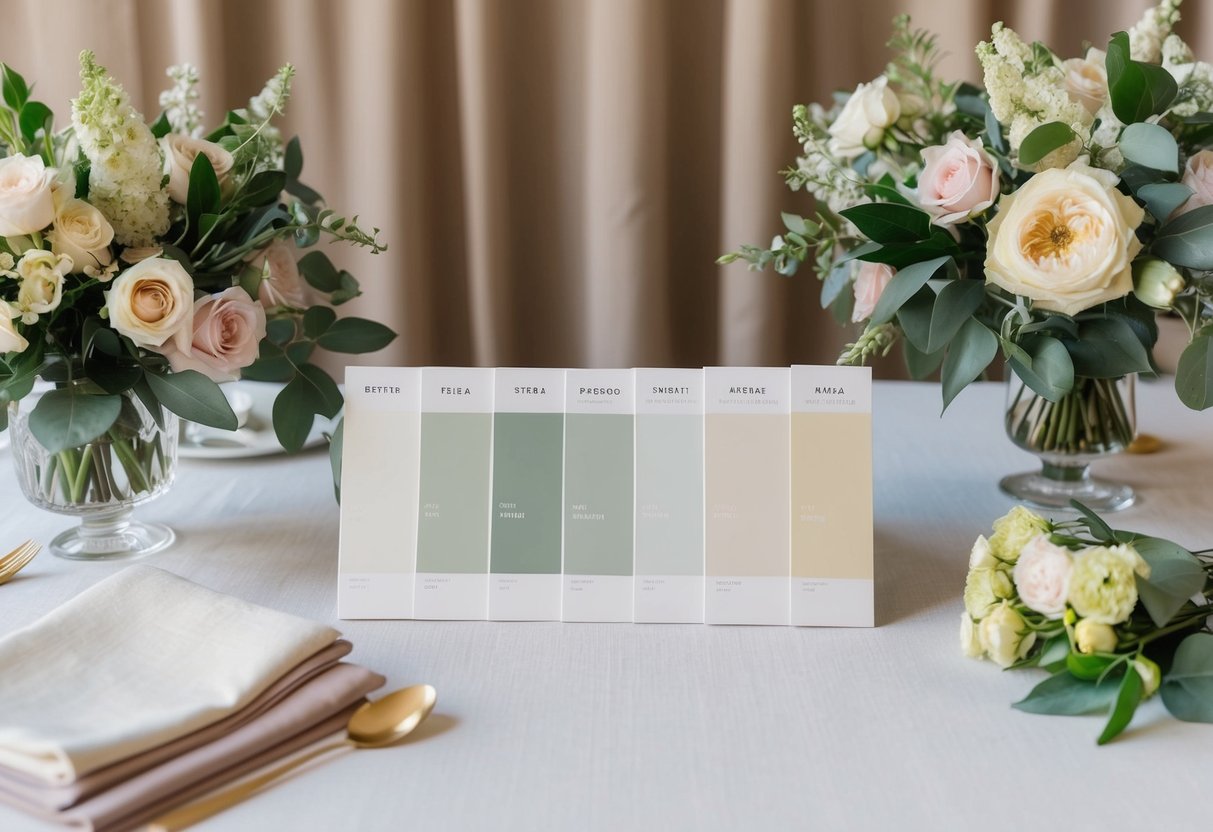 A wedding color palette with 5-7 soft, complementary shades displayed on a table with fabric swatches and floral arrangements