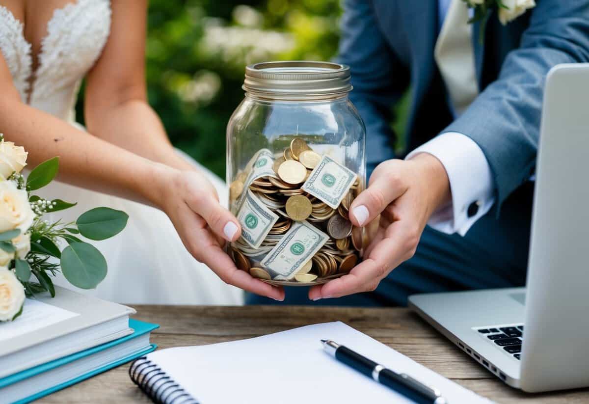 A bride and groom's hands holding a jar filled with coins and bills, surrounded by wedding planning books and a laptop