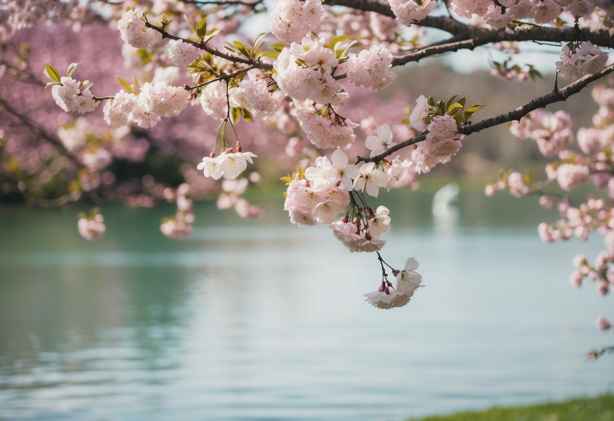 A spring wedding with pastel pink, lavender, and mint green decor amidst blooming cherry blossoms and a serene lake backdrop