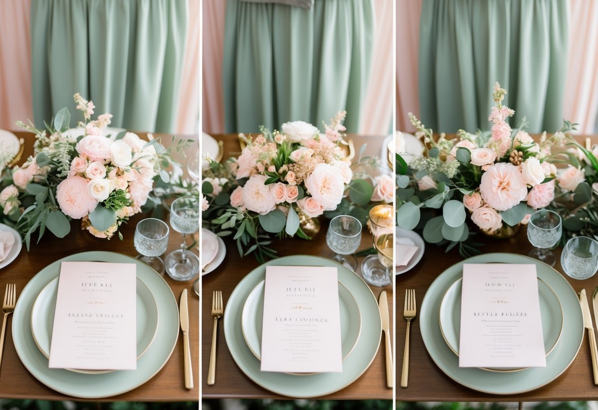 A wedding theme with three main colors: soft pink, sage green, and gold. These colors are integrated into the floral arrangements, table settings, and invitations