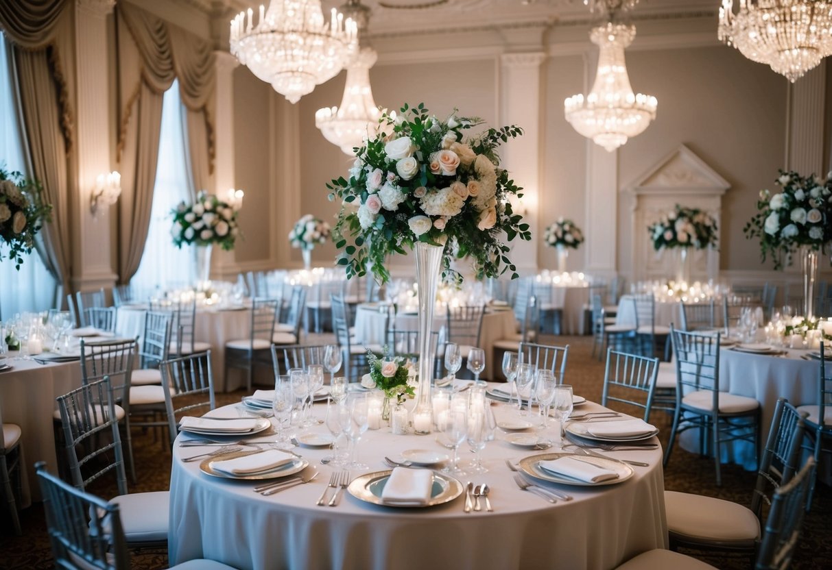 A grand ballroom with ornate chandeliers and flowing drapes, adorned with delicate floral arrangements and gleaming silverware on tables set with crisp linens