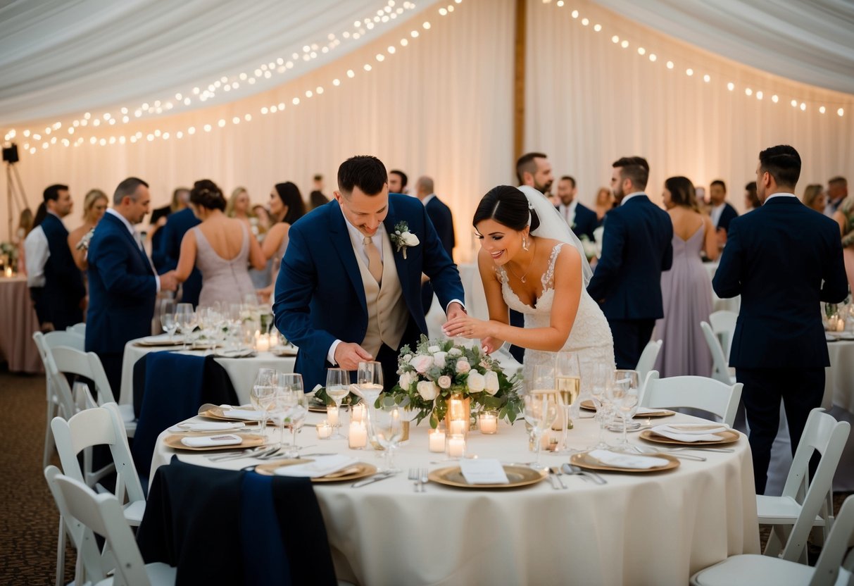 A bustling wedding reception with vendors setting up and guests arriving, while a frazzled couple attempts to manage last-minute details