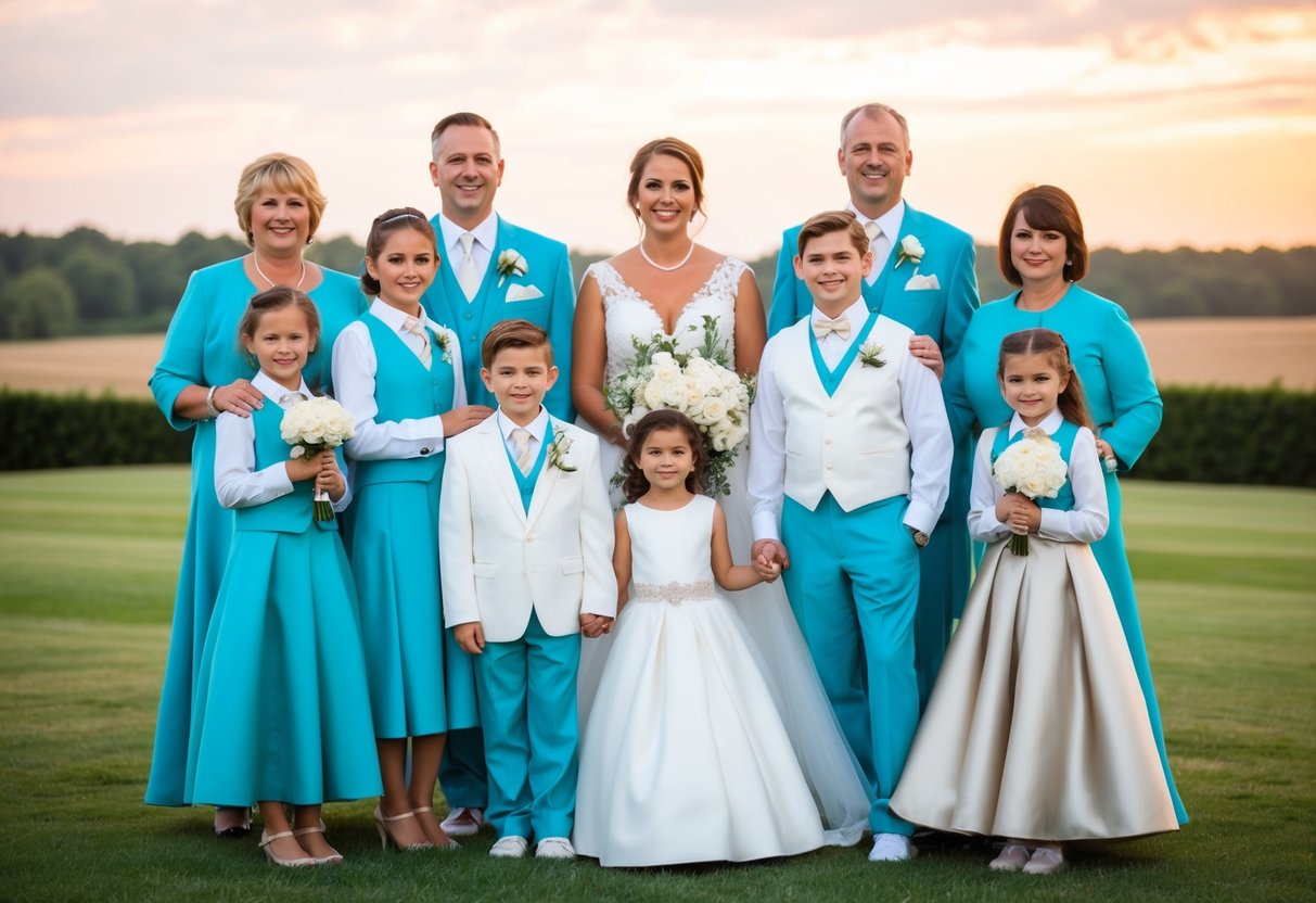 Families in matching attire pose for a group photo at a wedding