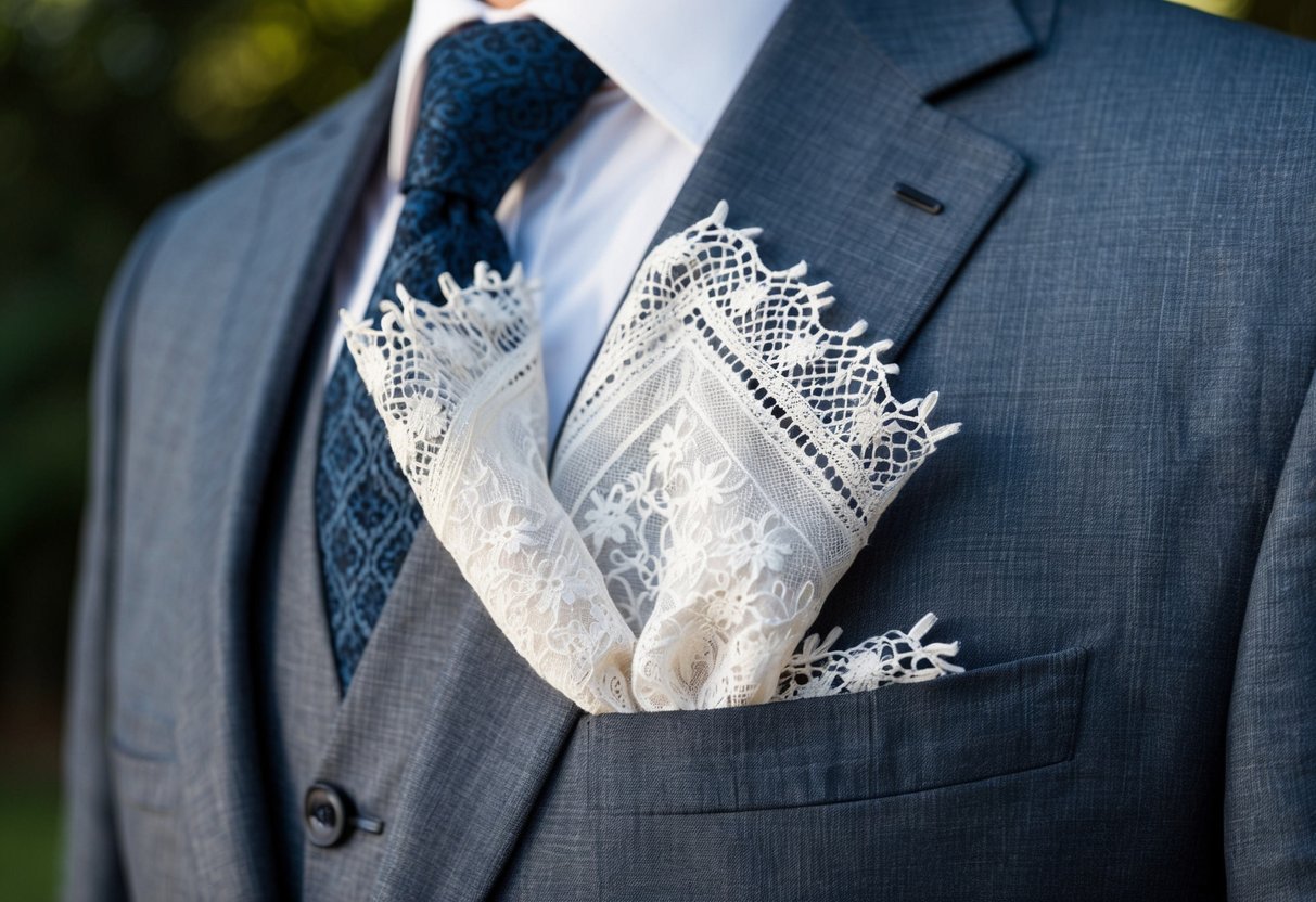 A close-up of a delicate lace handkerchief tucked into the breast pocket of a tailored suit jacket