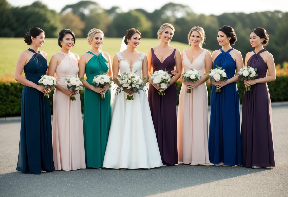 A group of elegantly dressed figures stand in a line, each wearing different but complementary colors, creating a visually cohesive and coordinated bridal party