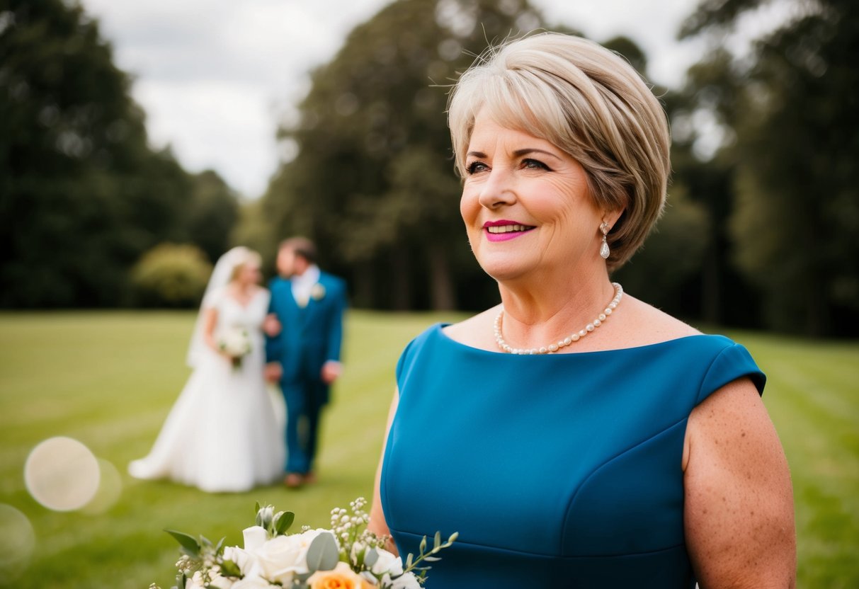 A mother of the groom in a dress matching the wedding colors
