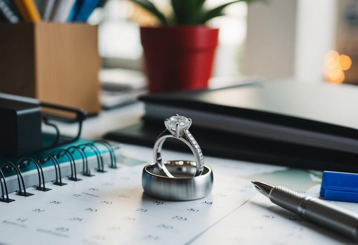 A wedding ring surrounded by office supplies and a calendar