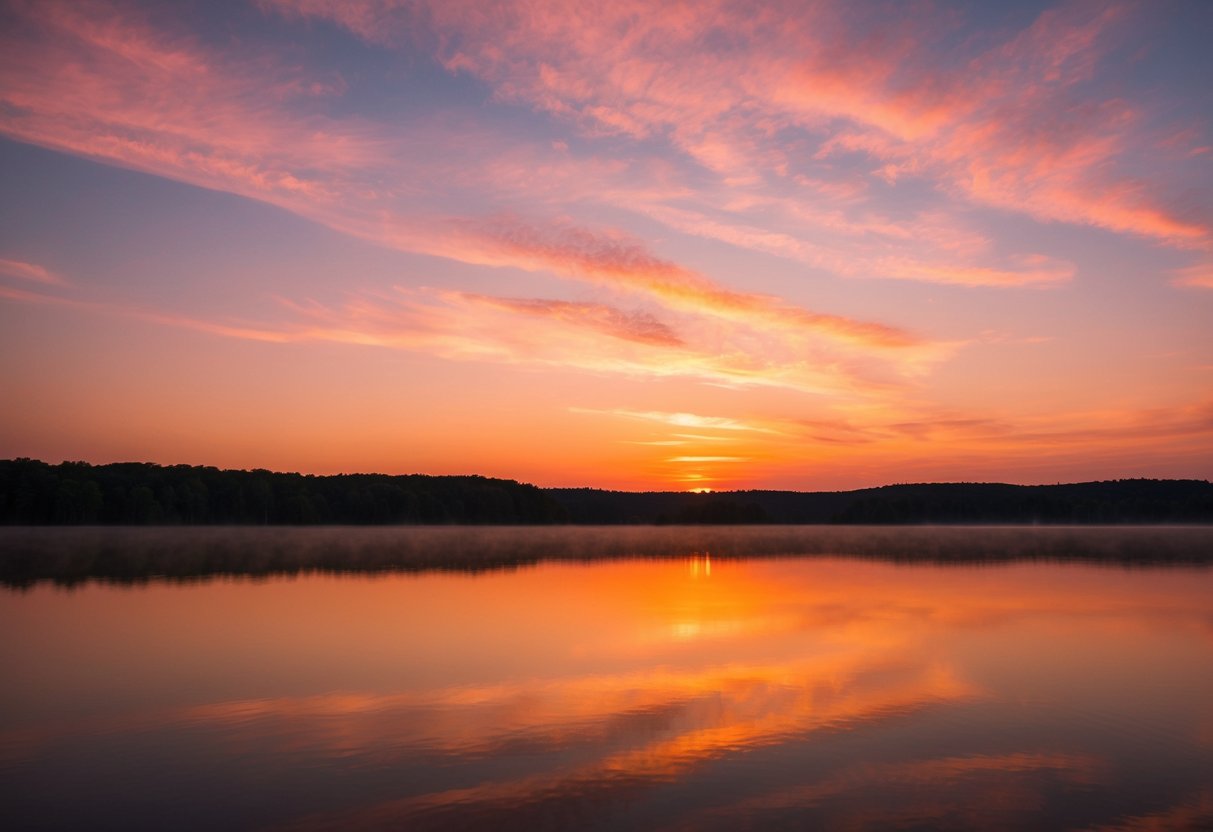 A serene sunset over a calm lake, with the sky painted in warm hues of pink, orange, and gold, casting a romantic and peaceful atmosphere