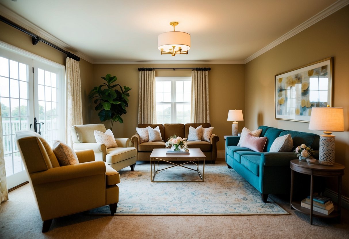 A cozy living room with a warm color palette and comfortable furniture, reflecting the mother of the groom's personal style and comfort