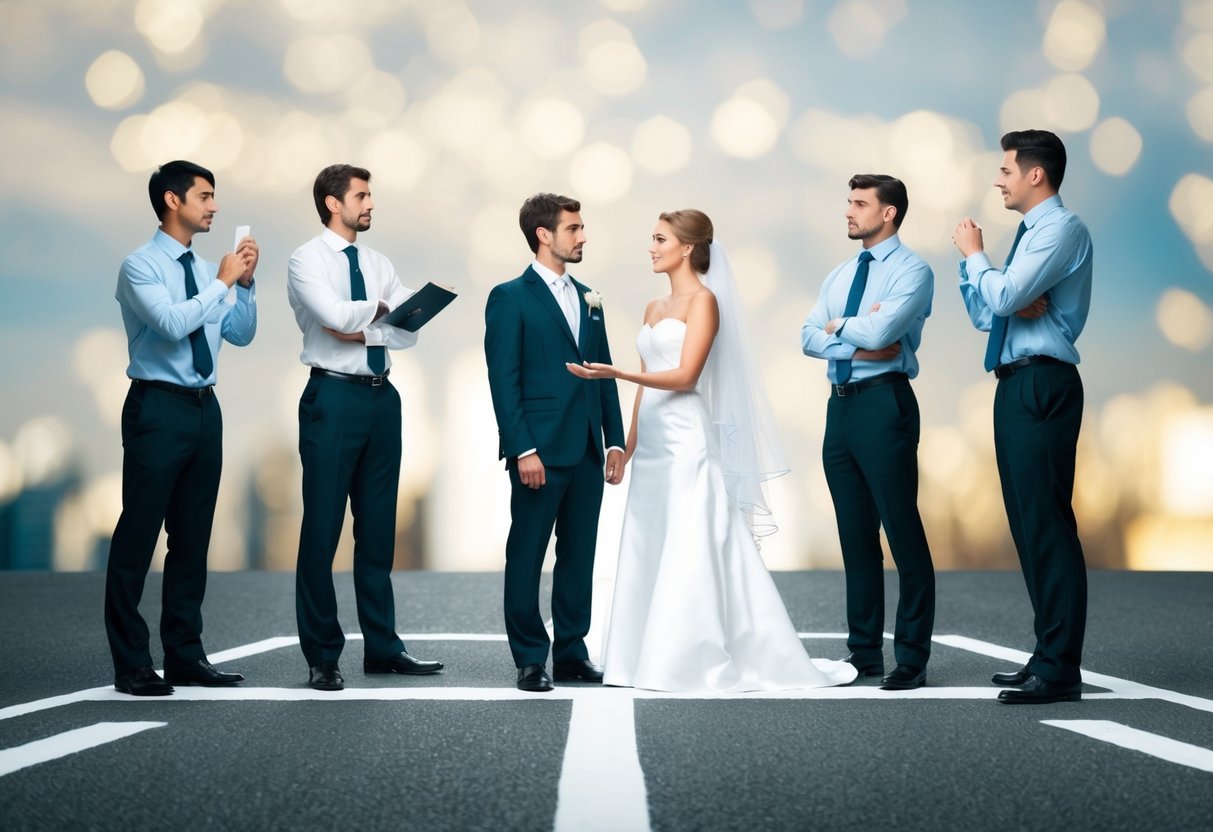 A bride and groom stand at a crossroads, with a wedding budget on one side and office colleagues on the other. They weigh their options, contemplating the impact of their decision on their professional relationships