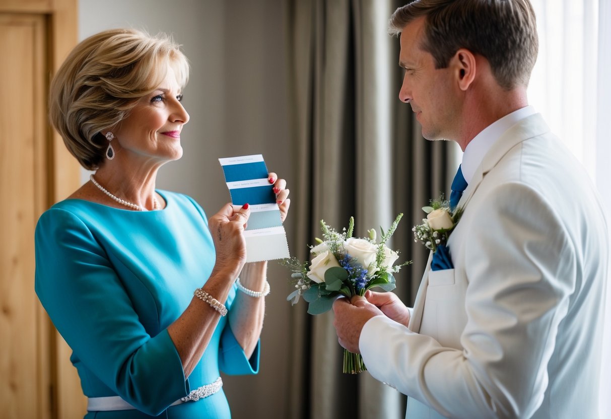 A mother of the groom holds up a swatch of the wedding colors next to a selection of accessories, contemplating the perfect match