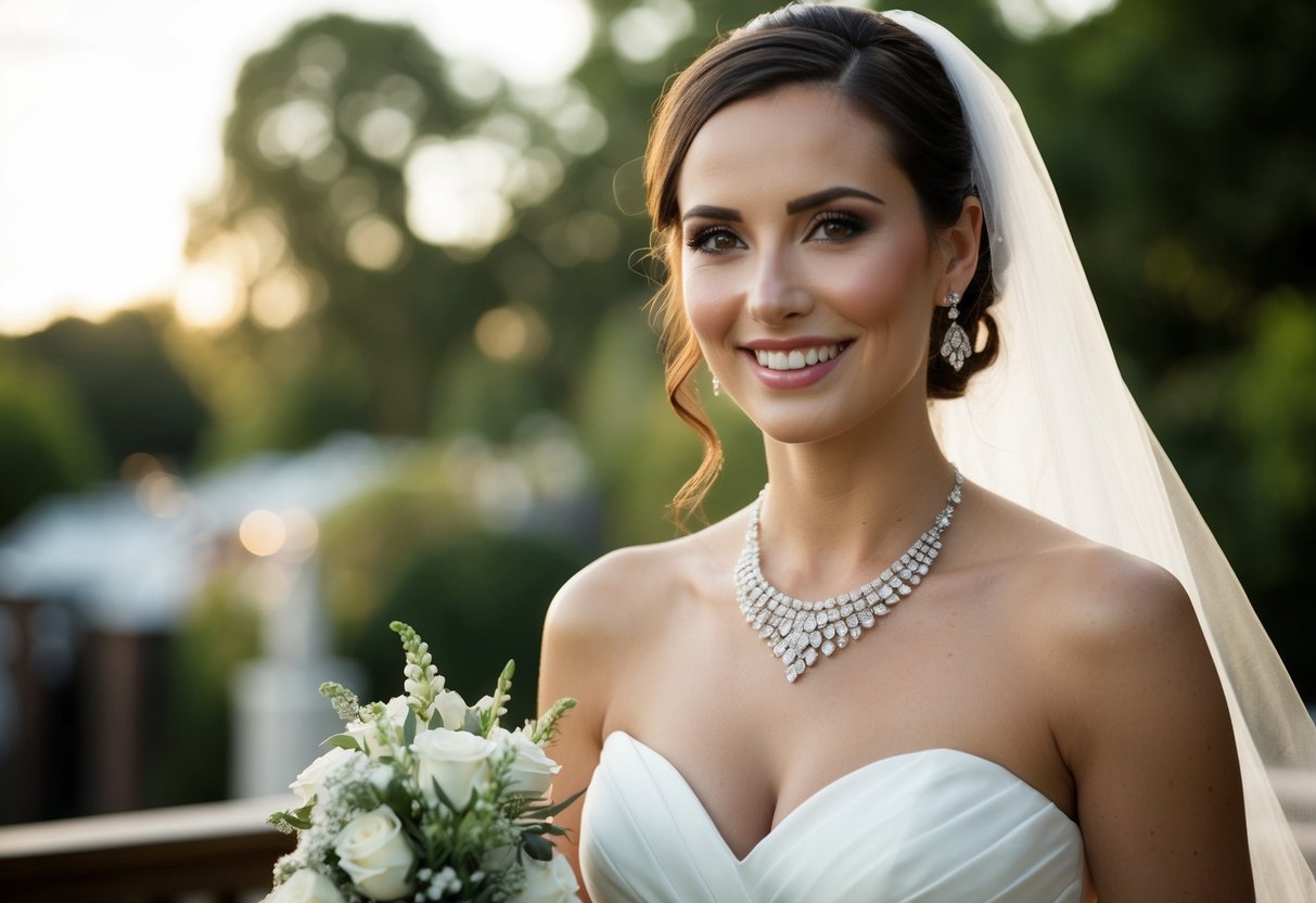 A bride wearing a white wedding gown with silver jewelry