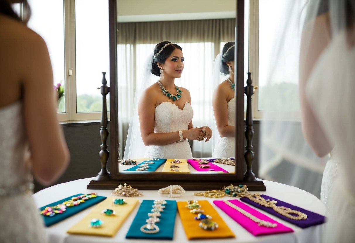 A bride stands before a mirror, surrounded by various pieces of colorful jewelry laid out on a table. She appears to be contemplating which piece to wear for her wedding