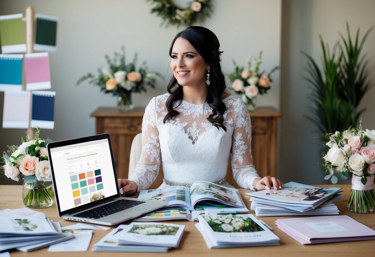 A bride sits at a desk covered in wedding magazines, with a laptop open to a wedding planning website. She is surrounded by color swatches, floral arrangements, and wedding invitations