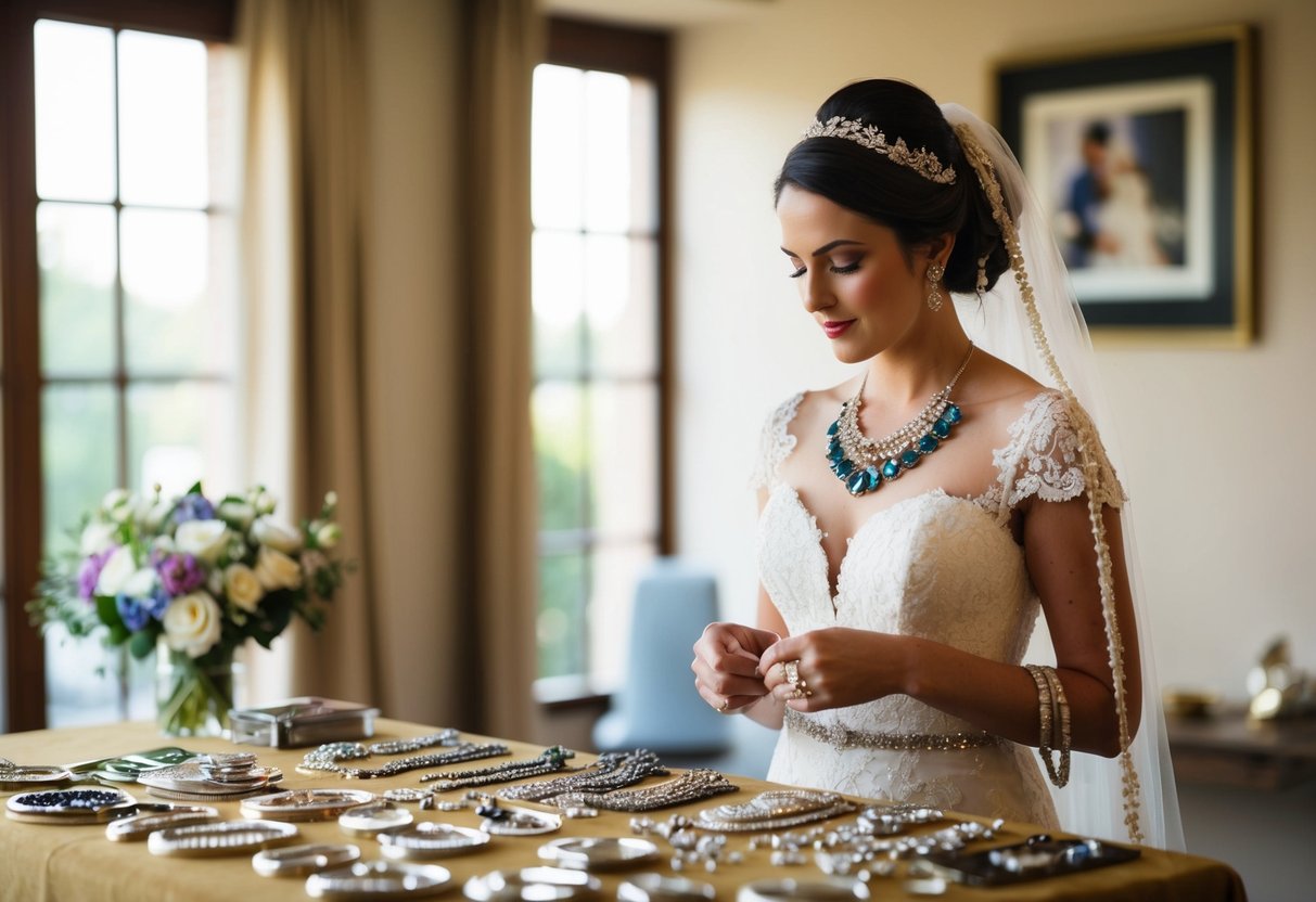 A bride stands before a table of metal and stones, contemplating which color jewelry to wear for her wedding day