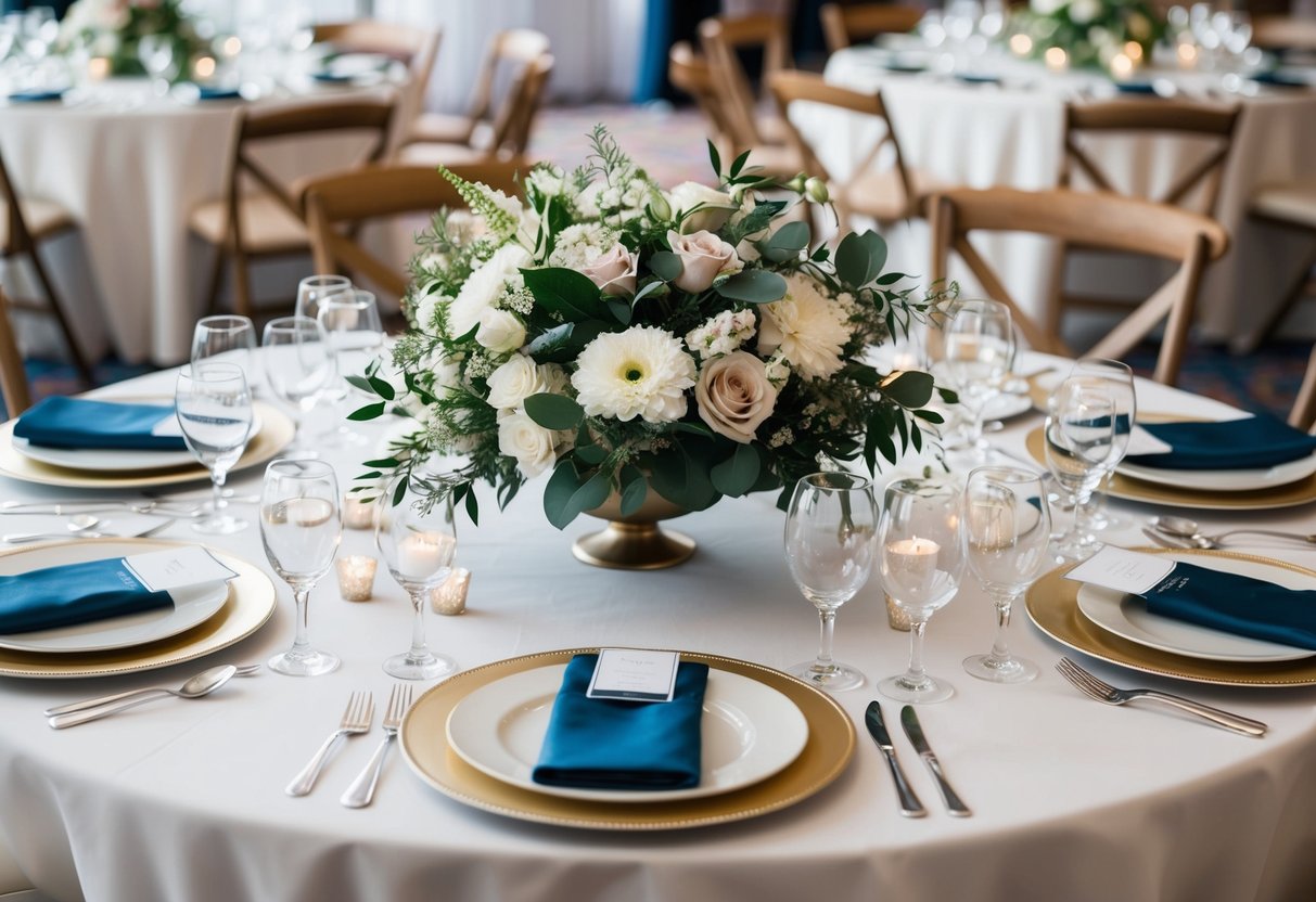 A wedding table setting with coordinated floral centerpieces, matching table linens, and complementary place settings
