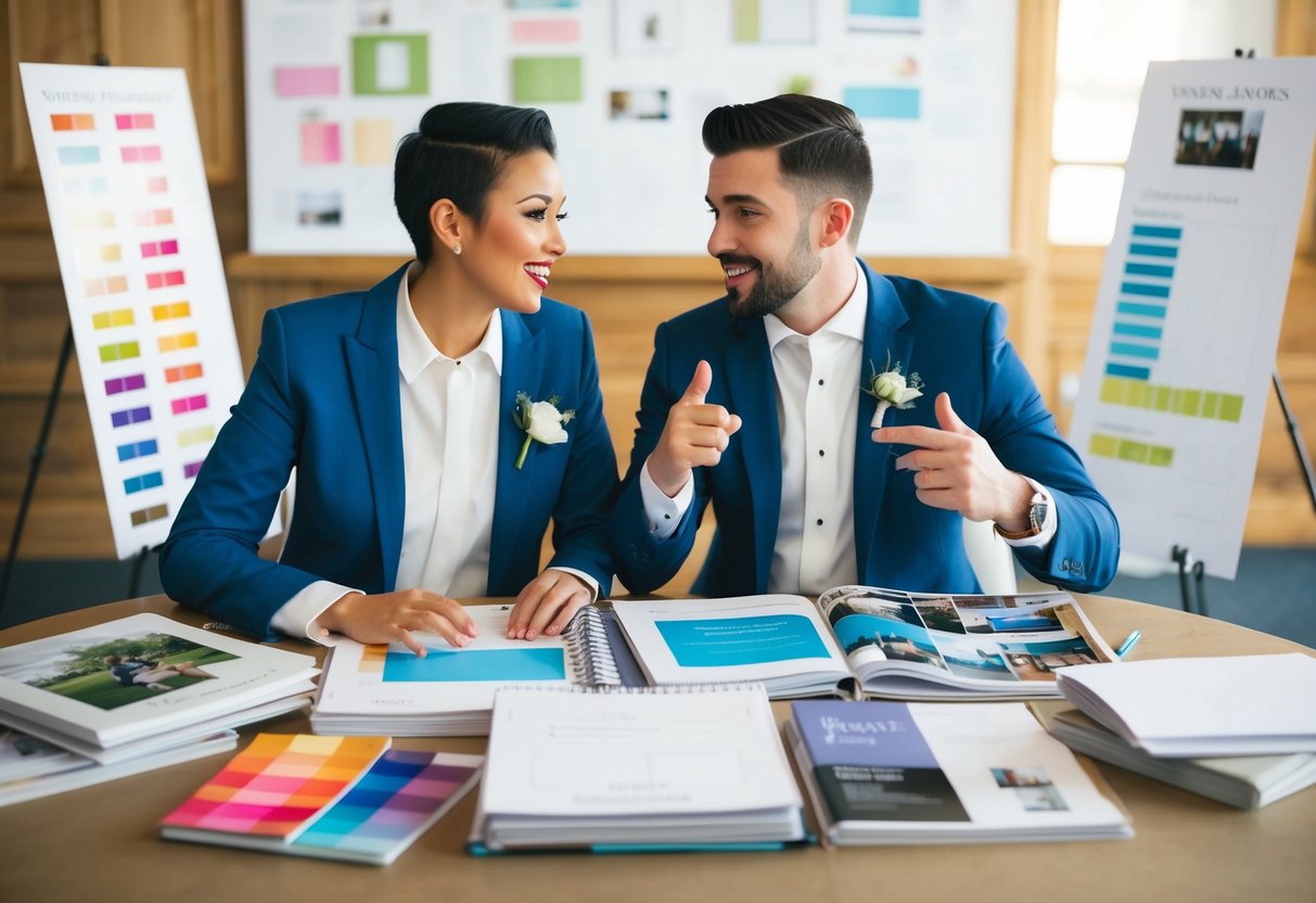 A couple sits at a table covered in wedding planning books and magazines, surrounded by colorful swatches and sketches of venue layouts. They are deep in conversation, gesturing excitedly