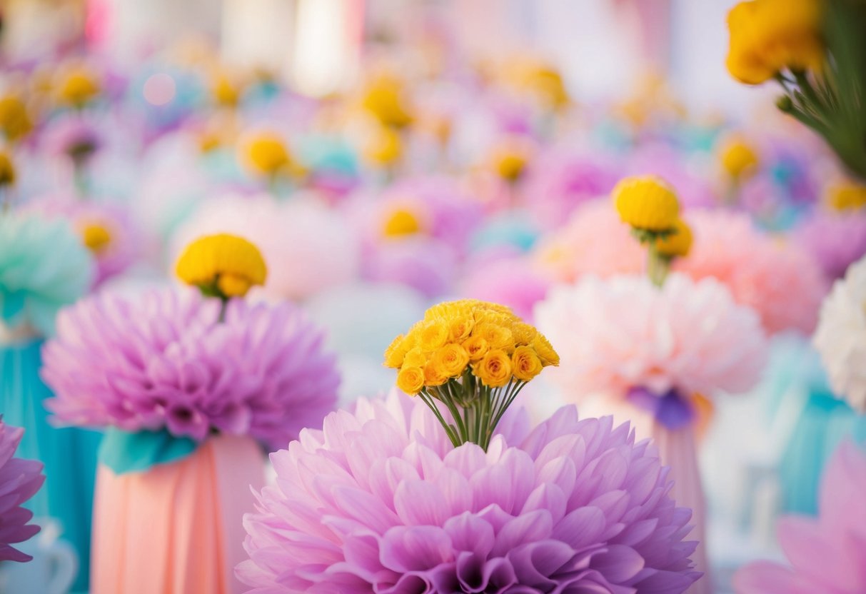 A vibrant scene filled with pastel hues and soft tones, capturing the elegance and romance of a wedding function
