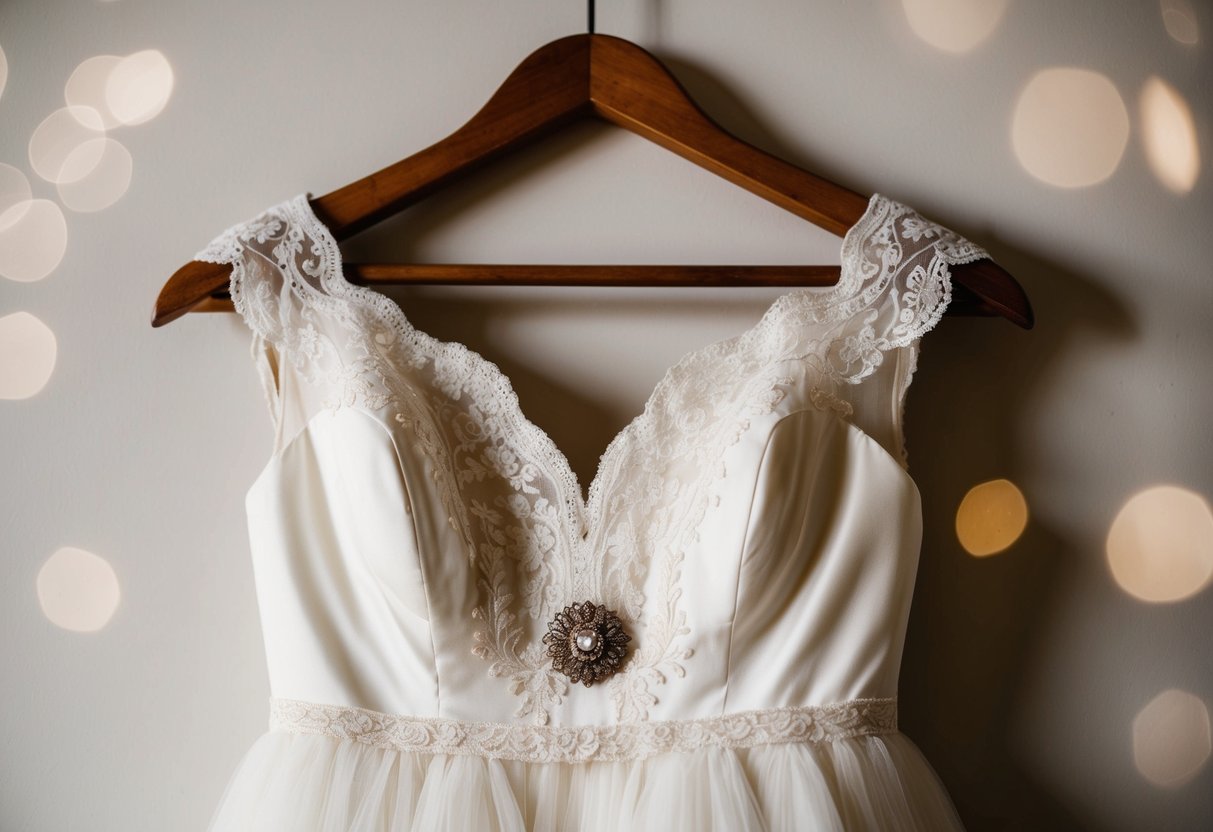 A vintage wedding dress hangs on a wooden hanger, adorned with delicate lace, intricate embroidery, and soft, flowing fabric. A vintage brooch adds a touch of old-world glamour
