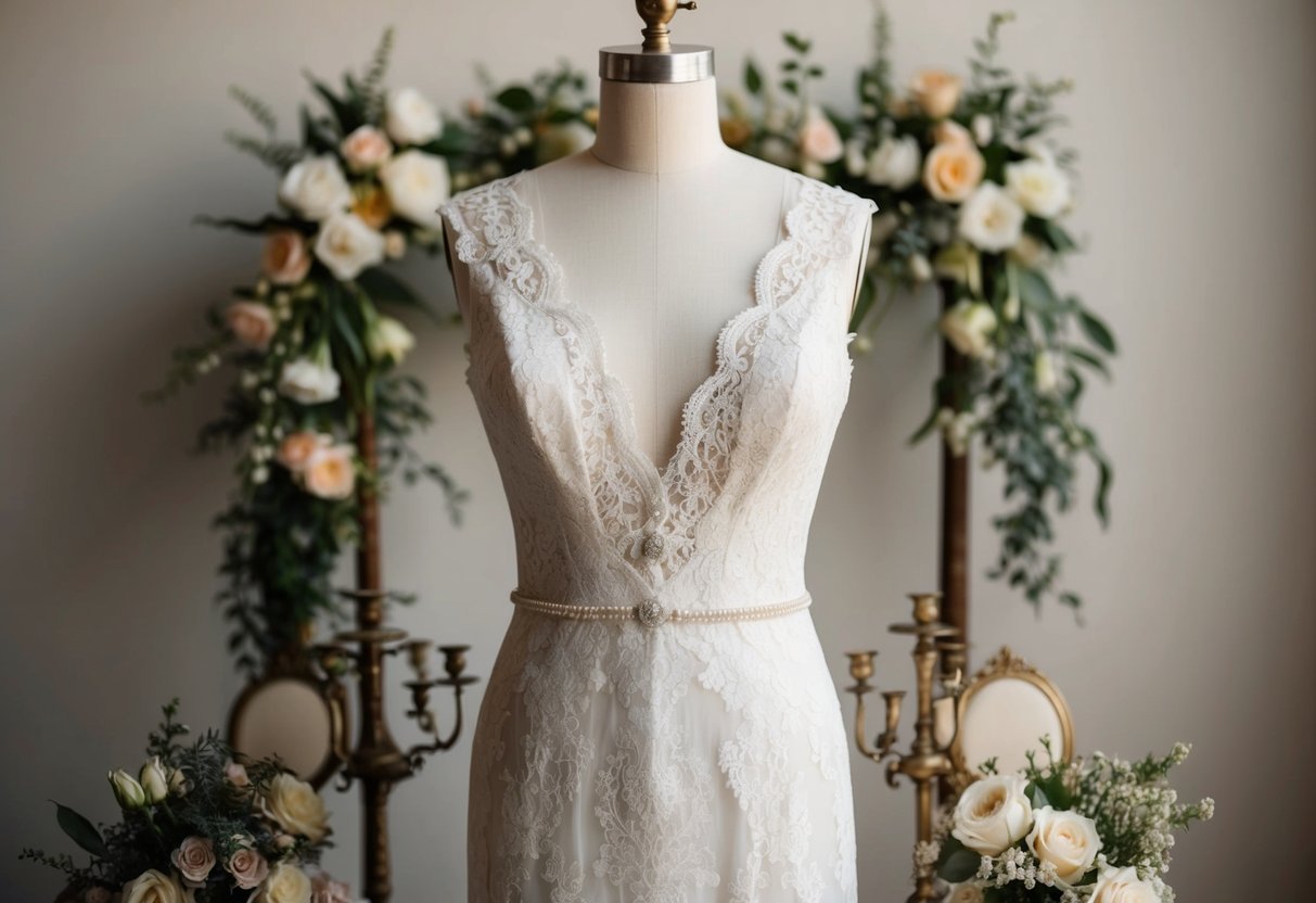 A vintage lace wedding dress draped over a mannequin, surrounded by antique accessories and delicate floral arrangements
