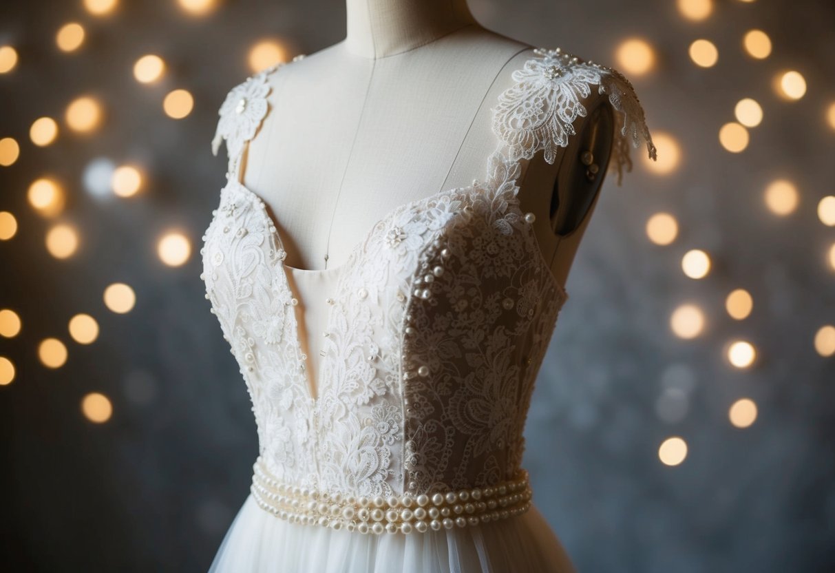 A modern wedding dress with vintage lace overlay and pearl embellishments